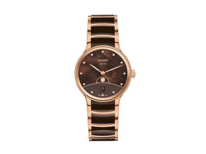 Damenuhren Uhr mit Datum aus Edelstahl, Keramik und PVD beschichtet. Das Gehäuse ist rund und roségold. Das Edelstahlarmband ist roségold. Das Zifferblatt ist ein Index in braun.
