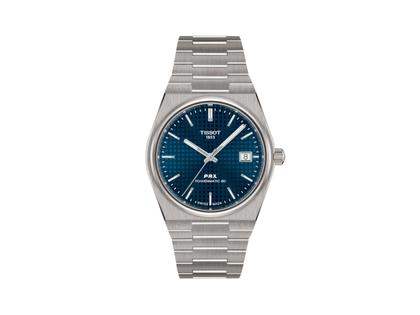 Herrenuhren Uhr mit Datum aus Titan. Das Gehäuse ist rund und grau. Das Titanarmband ist grau. Das Zifferblatt ist ein Index in blau.