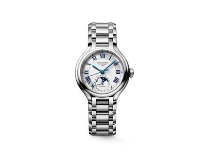 Longines PrimaLuna Mondphase Automatik Edelstahl 34mm weißes Zifferblatt Metallband – Damenuhren Uhr mit Datum aus Edelstahl. Das Gehäuse ist rund und silber. Das Edelstahlarmband ist silber. Das Zifferblatt ist römisch und weiß.