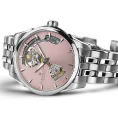 Hamilton Jazzmaster Open Heart Lady Automatik Edelstahl 36mm rosa Zifferblatt Metallband – Damenuhren Uhr ohne Datum aus Edelstahl. Das Gehäuse ist rund und silber. Das Edelstahlarmband ist silber. Das Zifferblatt ist ein Index in rosa. – Ansicht 2