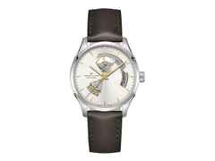 Hamilton Jazzmaster Open Heart Automatik Edelstahl 40mm silbernes Zifferblatt braunes Lederband – Herrenuhren Uhr ohne Datum aus Edelstahl und Leder. Das Gehäuse ist rund und silber. Das Lederarmband ist braun. Das Zifferblatt ist ein Index in silber.