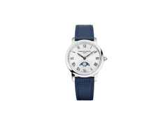 Frederique Constant Classics Slimline Ladies Moonphase Quarz Edelstahl 30mm weißes Zifferblatt blaues Lederband – Damenuhren Uhr ohne Datum aus Edelstahl und Leder. Das Gehäuse ist rund und silber. Das Lederarmband ist blau. Das Zifferblatt ist römisch und weiß.