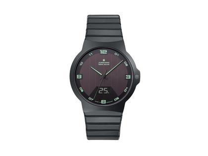 Herrenuhren Uhr mit Datum aus Edelstahl und Keramik. Das Gehäuse ist rund und schwarz. Das Keramikarmband ist schwarz. Das Zifferblatt ist ein Index in schwarz.