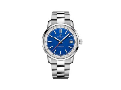 Breitling Top Time B31 Automatik Edelstahl 38mm blaues Zifferblatt Metallband – Herrenuhren Uhr mit Datum aus Edelstahl. Das Gehäuse ist rund und silber. Das Edelstahlarmband ist silber. Das Zifferblatt ist ein Index in blau.