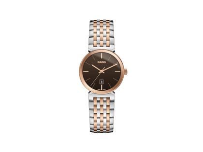 Rado Florence Quarz Edelstahl Roségold-PVD 30mm braunes Zifferblatt Metallband – Damenuhren Uhr mit Datum aus Edelstahl und PVD beschichtet. Das Gehäuse ist rund und roségold. Das Edelstahlarmband ist silber-roségold. Das Zifferblatt ist ein Index in braun.