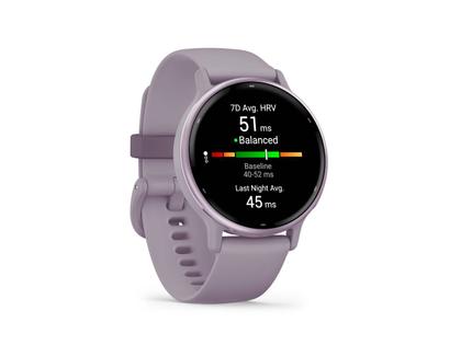 Garmin vívoactive 5 faserverstärktes Polymer orchidee/orchidee metallic 42mm orchideefarbenes Kautschukband – Damenuhren Uhr Multifunktion aus eloxiertes Aluminium, Kautschuk, Kunststoff und PVD beschichtet. Das Gehäuse ist rund und lila. Das Kautschuk / Kunststoff / Silikon Armband ist lila. Der Zifferblatt ist digital. – Ansicht 7