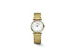 Longines La Grande Classique Quarz Edelstahl Gelbgold-PVD 24mm weißes Perlmutt-Zifferblatt mit Diamanten Metallband – Damenuhren Uhr ohne Datum aus Edelstahl und PVD beschichtet. Das Armband ist ein Edelstahlarmband. Der Zifferblatt ist ein Index.