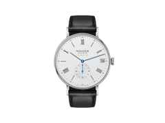 Nomos Glashütte Ludwig neomatik 41 römisches Datum Automatik Edelstahl weißes Zifferblatt schwarzes Lederband – Herrenuhren Uhr mit Datum aus Edelstahl. Das Gehäuse ist rund und silber. Das Lederarmband ist schwarz. Das Zifferblatt ist römisch Index und weiß.