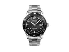 Union Glashütte Noramis Datum Sport Automatik Edelstahl 42mm schwarzes Zifferblatt Metallband – Herrenuhren Uhr mit Datum aus Edelstahl und Keramik. Das Gehäuse ist rund und silber. Das Edelstahlarmband ist silber. Das Zifferblatt ist ein Index in schwarz.