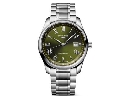 Longines Master Collection Automatik 40 mm römisch Zifferblatt olivgrün Metallband – Herrenuhren Uhr mit Datum aus Edelstahl. Das Gehäuse ist rund und silber. Das Edelstahlarmband ist silber. Das Zifferblatt ist römisch und grün.