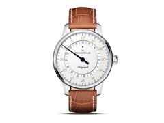 MeisterSinger Perigraph 38 Automatik Edelstahl weiß Lederband braun – Herrenuhren Uhr mit Datum aus Edelstahl und Leder. Das Gehäuse ist rund und silber. Das Lederarmband ist braun. Das Zifferblatt ist arabisch und weiß.