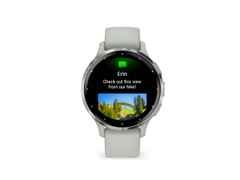 Garmin Venu 3S faserverstärktes Polymer salbeigrau 41mm salbeigraues Kautschukband – Herrenuhren Uhr Multifunktion aus Edelstahl, Kautschuk und Kunststoff. Das Gehäuse ist rund und grün. Das Kautschuk / Kunststoff / Silikon Armband ist grün. Das Zifferblatt ist digital und schwarz.
