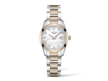 Damenuhren Uhr mit Datum aus Edelstahl. Das Gehäuse ist rund und silber-roségold. Das Edelstahlarmband ist silber-roségold. Das Zifferblatt ist ein Index in weiß.