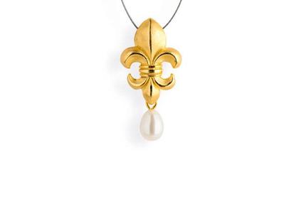 Drachenfels Design Lilienkönigin Anhänger Lilie klein gelbgoldplattiert Süßwasserperle – Anhänger Anhänger mit Besatz aus 925 Silber.