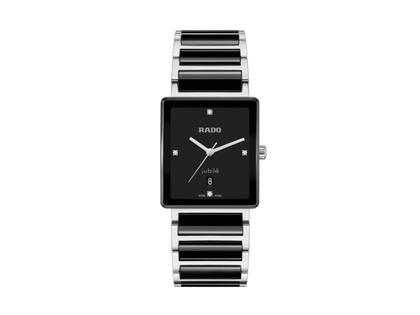 Damenuhren Uhr mit Datum aus Edelstahl und Keramik. Das Gehäuse ist rechteckig und silber. Das Keramikarmband ist schwarz. Das Zifferblatt ist ein Index in schwarz.