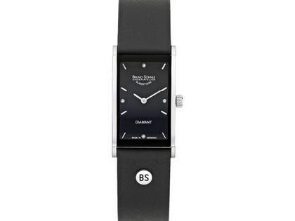 Bruno Söhnle Glashütte Thalia III Edelstahl schwarzes Zifferblatt Diamanten schwarzes Lederband – Damenuhren Uhr ohne Datum aus Edelstahl. Das Gehäuse ist rechteckig und silber. Das Lederarmband ist schwarz. Das Zifferblatt ist ein Index in schwarz.