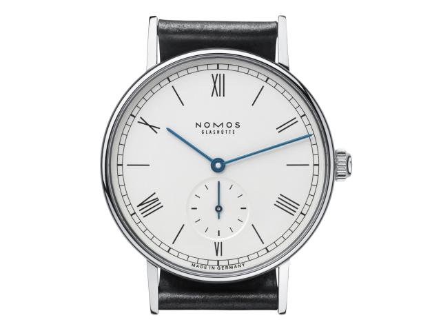 Nomos Glashütte Ludwig 35 Handaufzug Edelstahl weißes Zifferblatt Metallband Glasboden – Herrenuhren Uhr ohne Datum aus Edelstahl und Leder. Das Gehäuse ist rund und silber. Das Edelstahlarmband ist silber. Das Zifferblatt ist römisch Index und silber. – Ansicht 2