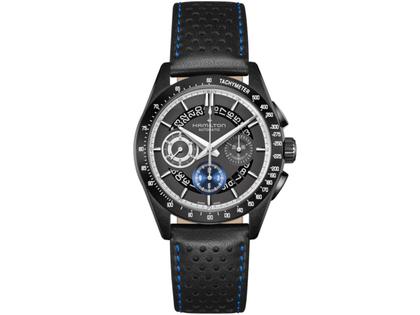 Hamilton Jazzmaster Performer Auto Chrono Edelstahl Schwarz-PVD 42mm schwarzes Zifferblatt schwarzes Lederband – Herrenuhren Chronograph aus Edelstahl und Leder. Das Gehäuse ist rund und schwarz. Das Lederarmband ist schwarz. Das Zifferblatt ist ein Index in schwarz.
