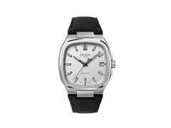 Glashütte Original Seventies Vintage Kollektion Stereo Panel Automatik Edelstahl 39x39mm silbernes Zifferblatt schwarzes Kautschukband – Herrenuhren Uhr mit Datum aus 750 Weißgold, Edelstahl und Kautschuk. Das Gehäuse ist quadratisch und silber. Das Kautschuk / Kunststoff / Silikon Armband ist schwarz. Das Zifferblatt ist ein Index in silber.