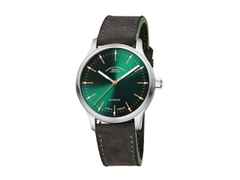 Mühle Glashütte Panova Grün Automatik Edelstahl 40mm anthrazitfarbenes Lederband – Herrenuhren Uhr ohne Datum aus Edelstahl und Leder. Das Gehäuse ist rund und silber. Das Lederarmband ist grau. Das Zifferblatt ist ein Index in grün.