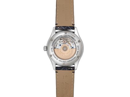 Frederique Constant Classics Elegance Luna Automatik Edelstahl 36mm weißes Zifferblatt blaues Lederband – Damenuhren Uhr ohne Datum aus Edelstahl und Leder. Das Gehäuse ist rund und silber. Das Lederarmband ist blau. Das Zifferblatt ist arabisch und weiß. – Ansicht 3