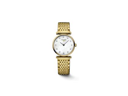 Longines La Grande Classique Quarz Edelstahl Gelbgold-PVD 24mm weißes Perlmutt-Zifferblatt mit Diamanten Metallband – Damenuhren Uhr ohne Datum aus Edelstahl und PVD beschichtet. Das Armband ist ein Edelstahlarmband. Der Zifferblatt ist ein Index.