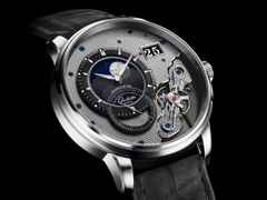 Glashütte Original PanoLunarInverse Automatik Platin 42mm silbernes Zifferblatt graues Lederband Limited Edition – Herrenuhren Uhr mit Kalender aus 950 Platin. Das Gehäuse ist rund und silber. Das Lederarmband Kroko / Alligator ist grau. Das Zifferblatt ist ein Index in silber. – Ansicht 2