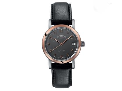 Mühle Glashütte Antaria Medium mit Datum anthrazit vergoldet – Damenuhren Uhr mit Datum aus Edelstahl und vergoldet. Das Armband ist ein Lederarmband. Der Zifferblatt ist arabisch.