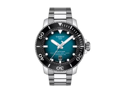 Tissot Seastar 2000 Professional Powermatic 80 Edelstahl 46mm hellblaues Zifferblatt Edelstahlband – Herrenuhren Uhr mit Datum aus Edelstahl und Keramik. Das Gehäuse ist rund und silber. Das Edelstahlarmband ist silber. Das Zifferblatt ist ein Index in blau.
