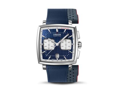 Union Glashütte Averin Chronograph Automatik Edelstahl 41mm blaues Zifferblatt blaues Kautschukband blaues Lederband – Herrenuhren Chronograph aus Edelstahl, Kautschuk und Leder. Das Gehäuse ist quadratisch und silber. Das Lederarmband ist grau. Das Zifferblatt ist ein Index in blau. – Ansicht 3