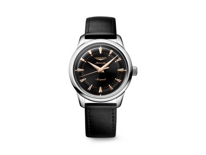 Longines Conquest Heritage Automatik Edelstahl 38mm schwarzes Zifferblatt schwarzes Lederband – Herrenuhren Uhr ohne Datum aus Edelstahl und Leder. Das Gehäuse ist rund und silber. Das Lederarmband ist schwarz. Das Zifferblatt ist ein Index in schwarz.