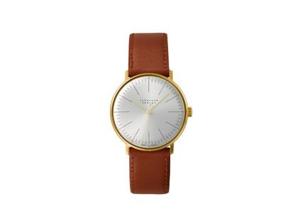 Junghans Max Bill Handaufzug Edelstahl PVD-Gelbgold 34mm silbernes Zifferblatt braunes Lederband – Damenuhren Uhr ohne Datum aus Edelstahl, Leder und PVD beschichtet. Das Gehäuse ist rund und gelbgold. Das Lederarmband ist braun. Das Zifferblatt ist ein Index in silber.