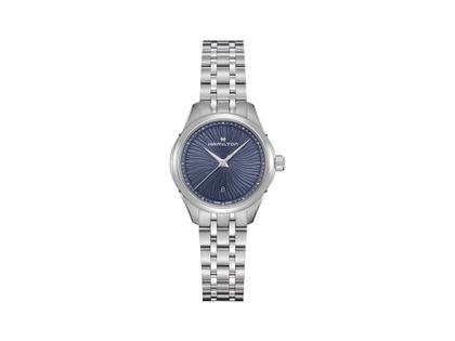 Hamilton Jazzmaster Lady Quarz Edelstahl 30mm blaues Zifferblatt Metallband – Damenuhren Uhr mit Datum aus Edelstahl. Das Gehäuse ist rund und silber. Das Edelstahlarmband ist silber. Das Zifferblatt ist ohne Zeichen und blau.