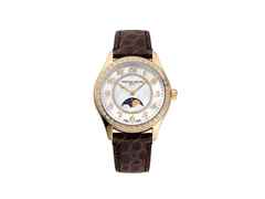 Frederique Constant Classics Elegance Luna Automatik Edelstahl 36mm weißes Zifferblatt braunes Lederband – Damenuhren Uhr ohne Datum aus Edelstahl, Leder und PVD beschichtet. Das Gehäuse ist rund und silber. Das Lederarmband ist braun. Das Zifferblatt ist arabisch und weiß.