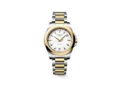Longines Conquest Quarz Edelstahl 34mm weißes Zifferblatt Metallband – Damenuhren Uhr mit Datum aus Edelstahl und PVD beschichtet. Das Gehäuse ist rund und silber. Das Edelstahlarmband ist silber-gelbgold. Das Zifferblatt ist ein Index in weiß.