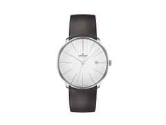 Junghans Meister fein Automatic Edelstahl 39mm silbernes Zifferblatt schwarzes Lederband – Herrenuhren Uhr mit Datum aus Edelstahl. Das Gehäuse ist rund und silber. Das Lederarmband ist schwarz. Das Zifferblatt ist ein Index in silber.