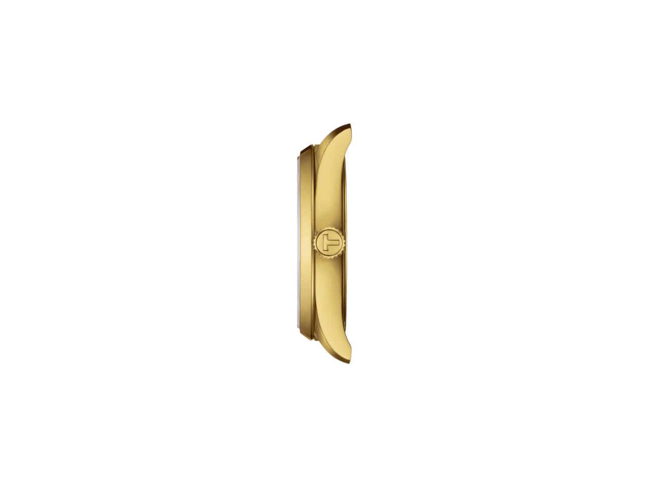 Tissot PR 100 Quarz Edelstahl gelbgoldfarben beschichtet 34mm gelbgoldfarbenes Zifferblatt Metallband gelbgoldfarben beschichtet – Damenuhren Uhr mit Datum aus Edelstahl und PVD beschichtet. Das Gehäuse ist rund und gelbgold. Das Edelstahlarmband ist gelbgold. Das Zifferblatt ist ein Index in gelbgold. – Ansicht 2