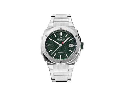 Herrenuhren Uhr mit Datum aus Edelstahl. Das Gehäuse ist rund und silber. Das Edelstahlarmband ist silber. Das Zifferblatt ist ein Index in grün.