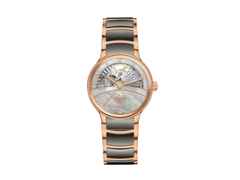Rado Centrix Diamonds Automatik Open Heart Edelstahl Roségold-PVD 35mm graues Zifferblatt mit Brillanten Metallband – Damenuhren Uhr ohne Datum aus Edelstahl, Keramik und PVD beschichtet. Das Gehäuse ist rund und roségold. Das Keramikarmband ist grau. Das Zifferblatt ist ein Index in grau.