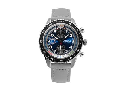 Alpina Startimer Pilot Chronograph Automatik Edelstahl 43mm blaues Zifferblatt graues Lederband – Herrenuhren Chronograph aus Edelstahl, Keramik und Leder. Das Gehäuse ist rund und silber. Das Lederarmband ist grau. Das Zifferblatt ist arabisch Index und blau.