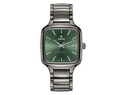 Herrenuhren Uhr mit Datum aus Keramik. Das Gehäuse ist quadratisch und grau. Das Keramikarmband ist grau. Das Zifferblatt ist ein Index in grün.