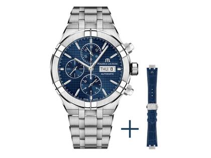 Maurice Lacroix Aikon Chronograph Automatik Edelstahl 44mm blaues Zifferblatt Metallband und blaues Lederband - Set zum Aktionspreis – Herrenuhren Chronograph aus Edelstahl. Das Gehäuse ist rund und silber. Das Edelstahlarmband ist silber. Das Zifferblatt ist ein Index in blau.