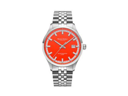 Bruno Söhnle Glashütte Turin Automatik "Bright Red" Sonderedition 2026 Edelstahl 39,5mm rotes Zifferblatt Metallband – Herrenuhren Uhr mit Datum aus Edelstahl. Das Gehäuse ist rund und silber. Das Edelstahlarmband ist silber. Das Zifferblatt ist ein Index in rot.