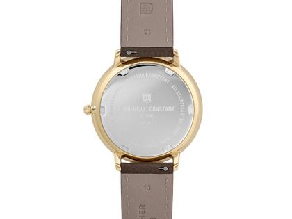 Frederique Constant Classics Moonphase Quarz Edelstahl GG-PVD 39mm weißes Zifferblatt braunes Lederband – Herrenuhren Uhr ohne Datum aus Edelstahl, Leder und PVD beschichtet. Das Gehäuse ist rund und gelbgold. Das Lederarmband ist braun. Das Zifferblatt ist römisch und weiß. – Ansicht 3