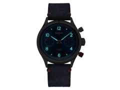 Hanhart Red X Blau Handaufzug Edelstahl 39mm blaues Zifferblatt blaues Lederband – Herrenuhren Chronograph aus Edelstahl, Keramik, Kunststoff und Leder. Das Gehäuse ist rund und silber. Das Lederarmband ist blau. Das Zifferblatt ist arabisch Index und blau. – Ansicht 3