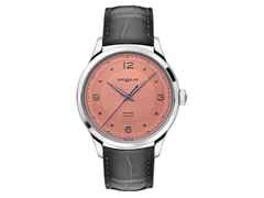 Montblanc Heritage Automatic 40 mm Edelstahl lachsfarbenes Zifferblatt und graues Lederband – Herrenuhren Uhr ohne Datum aus Edelstahl. Das Gehäuse ist rund und silber. Das Lederarmband Kroko / Alligator ist grau. Das Zifferblatt ist arabisch Index und orange.