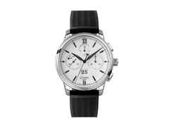 Glashütte Original Senator Chronograph Panoramadatum Automatik Edelstahl 42mm weißes Zifferblatt schwarzes Kautschukband – Herrenuhren Chronograph aus 950 Platin. Das Gehäuse ist rund und silber. Das Kautschuk / Kunststoff / Silikon Armband ist schwarz. Das Zifferblatt ist römisch Index und weiß.