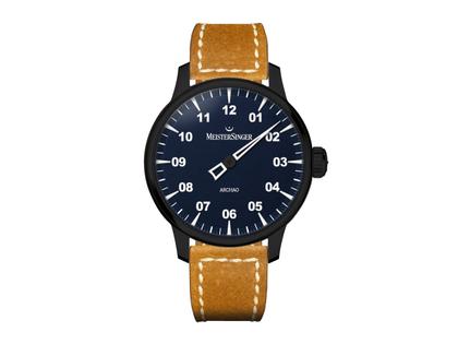 MeisterSinger Archao Automatik Edelstahl Schwarz-DLC 43mm blaues Zifferblatt braunes Lederband – Herrenuhren Uhr ohne Datum aus DLC beschichtet, Edelstahl und Leder. Das Gehäuse ist rund und schwarz. Das Lederarmband ist braun. Das Zifferblatt ist arabisch Index und blau.