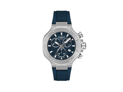 Tissot T-Race Chronograph Quarz Edelstahl 38mm blaues Zifferblatt blaues Silikonband – Herrenuhren Chronograph aus Edelstahl. Das Gehäuse ist rund und silber. Das Kautschuk / Kunststoff / Silikon Armband ist blau. Das Zifferblatt ist ein Index in blau.