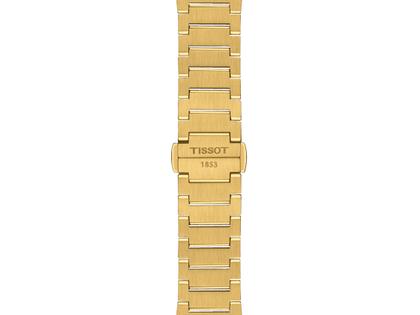 Tissot PRX Quarz Edelstahl 35mm goldenes Zifferblatt Metallband – Damenuhren Uhr mit Datum aus Edelstahl. Das Gehäuse ist rund und gelbgold. Das Edelstahlarmband ist silber. Das Zifferblatt ist ein Index in gelbgold. – Ansicht 2